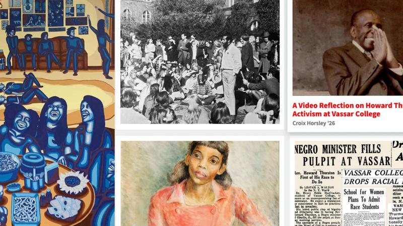 Photo collage with images of paintings, photographs, and news paper articles relating to Vassar College's inclusive history.