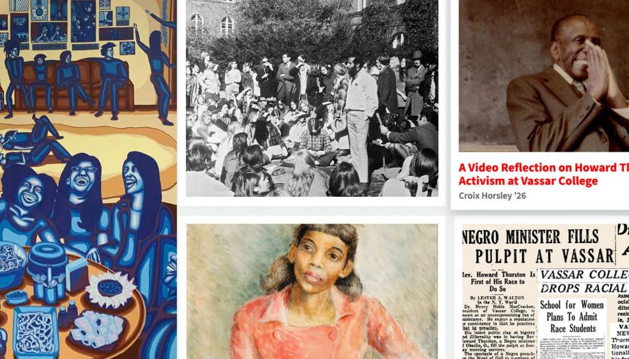 Photo collage with images of paintings, photographs, and news paper articles relating to Vassar College's inclusive history.
