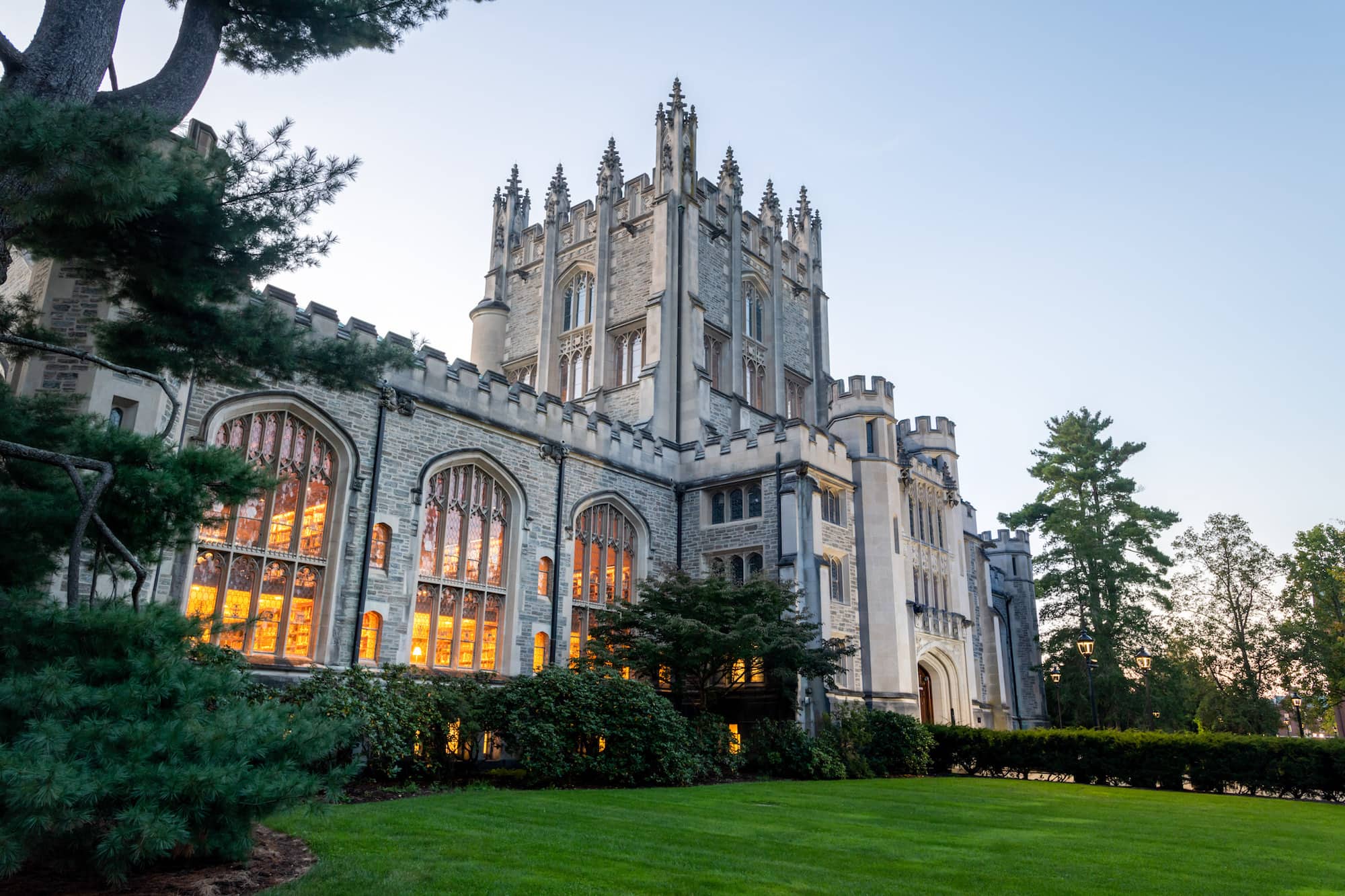 Vassar’s Thompson Memorial Library, a large, stone building with stained-glass windows and classical architecture.