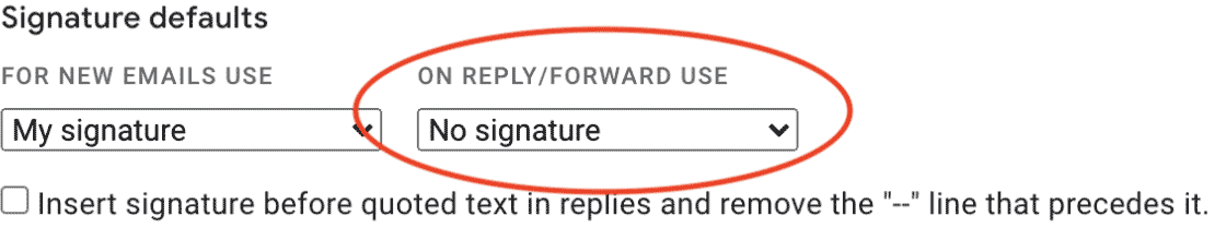 Screenshot of Gmail user interface for specifying when a signature should be used.