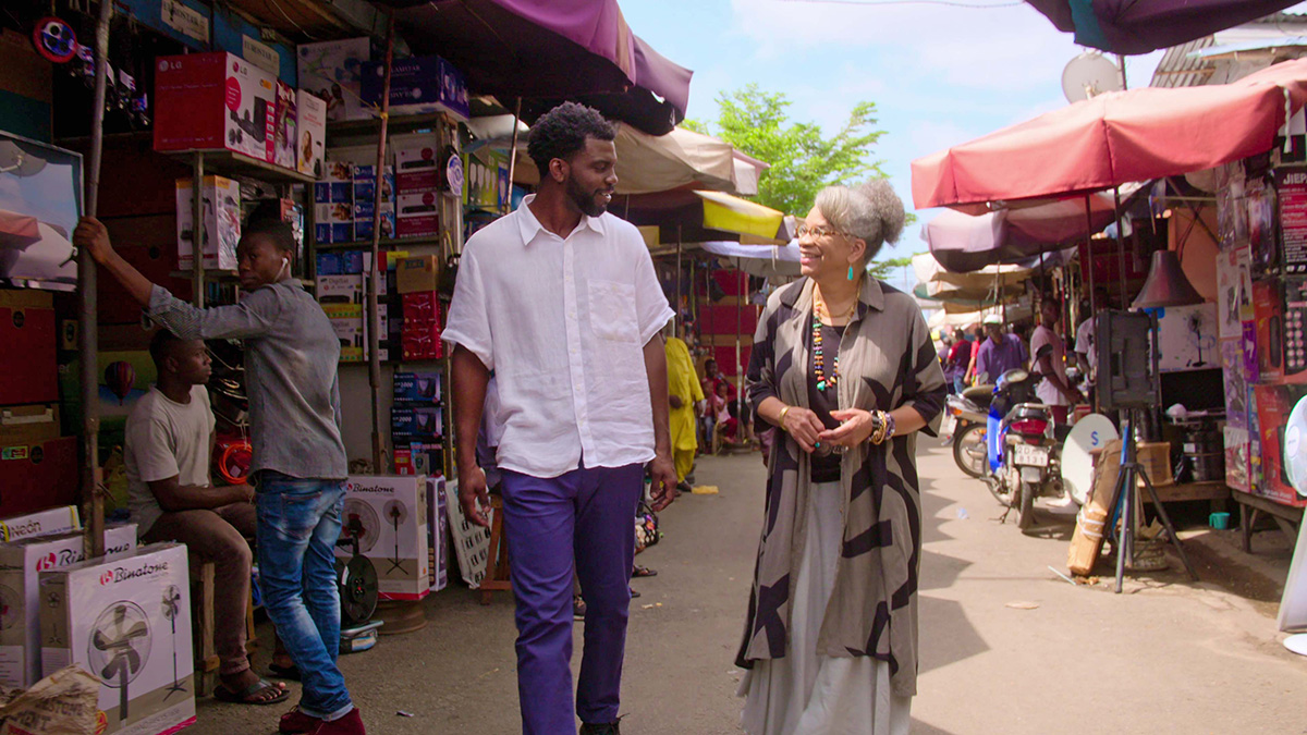  Dr. Jessica B. Harris and Stephen Satterfield in a scene from <em>High on the Hog: How African American Cuisine Transformed America</em>.