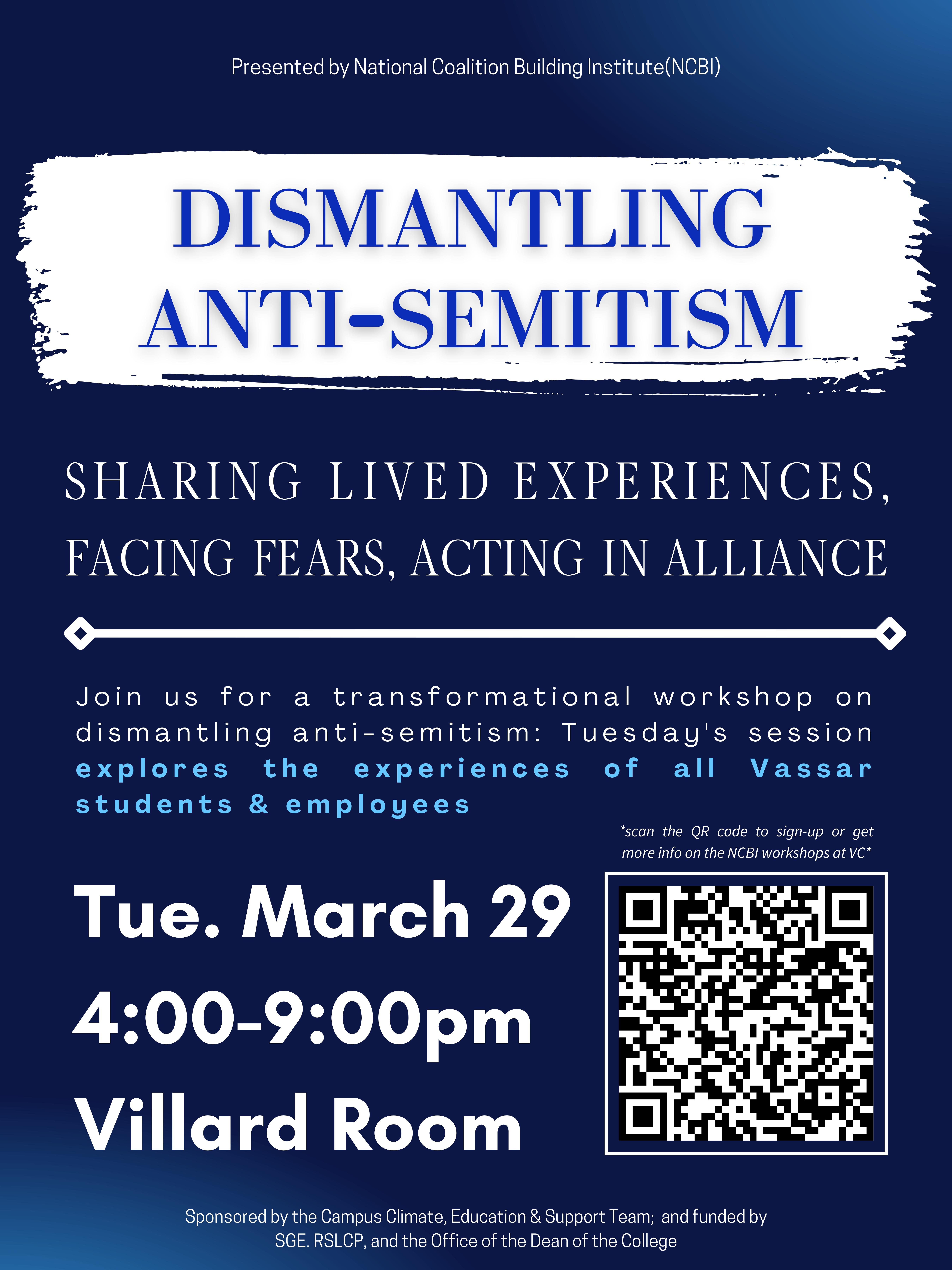 Anti-Semitism workshop poster including QR code for registering.