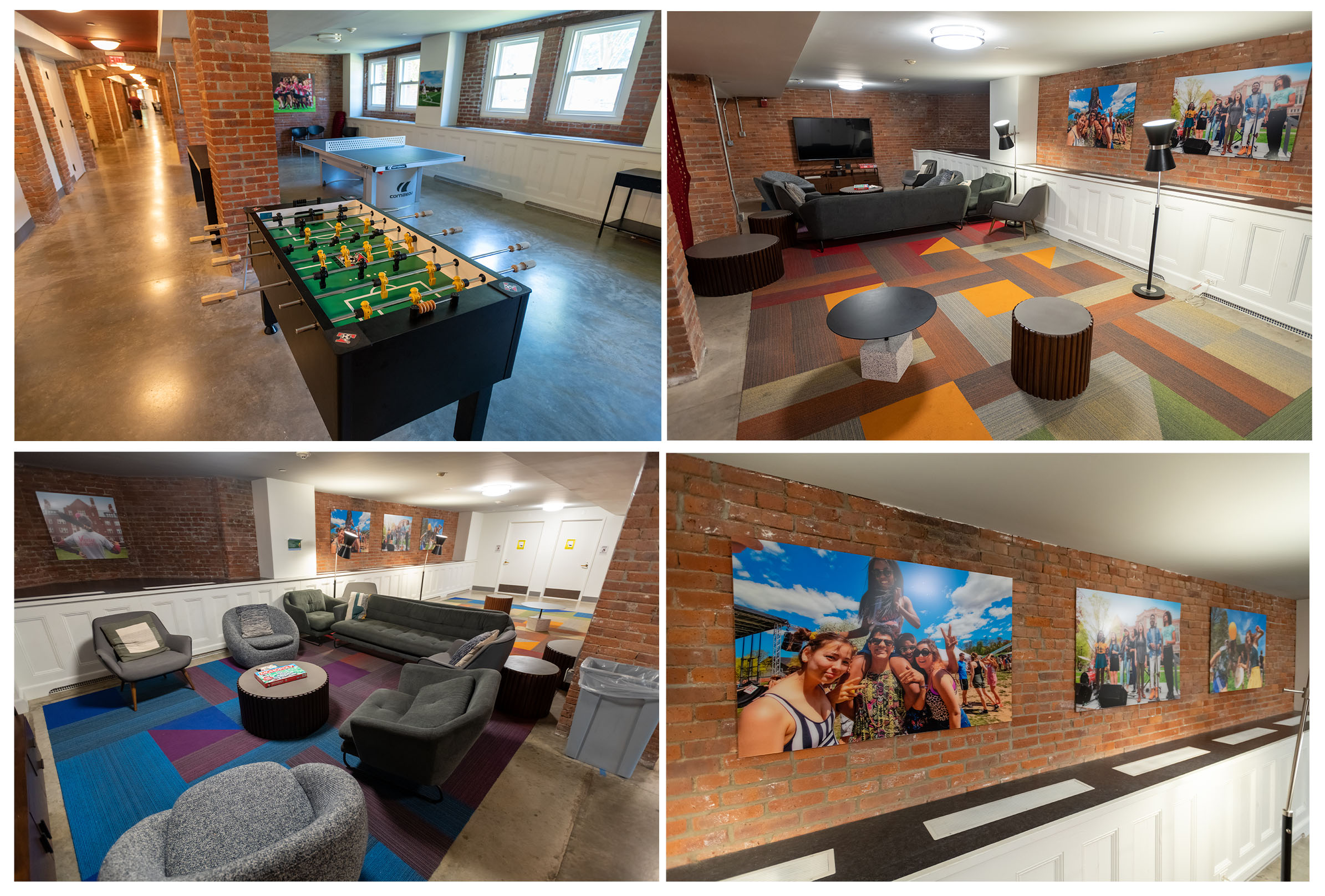 A collection of four photos showing the interior of a large, brick-walled recreation room with furniture and various gaming tables.