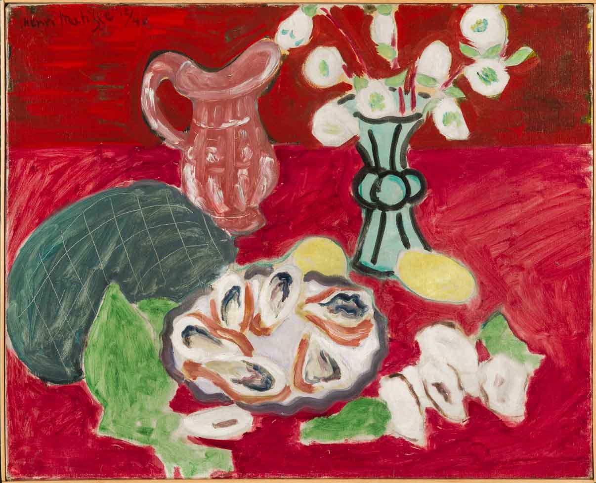 "Vase with Flowers and a Plate of Oysters", 1940, by Henri Matisse. A predominantly red, impressionist painting of a vase, plate, and flowers