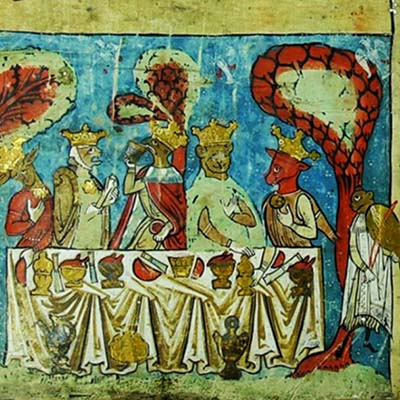Illustration of righteous humans and animals feasting in heaven.