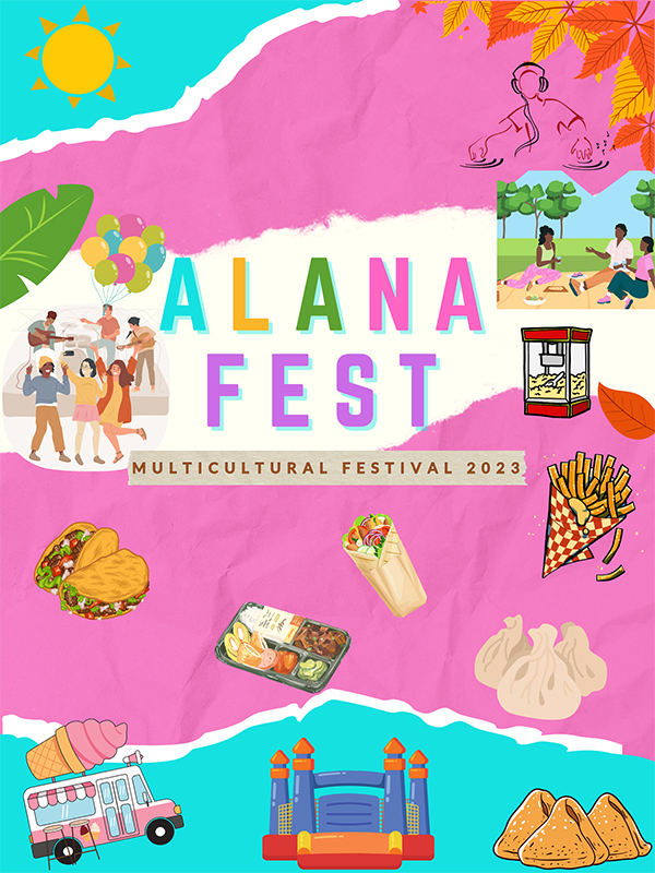 A poster with the words “ALANA FEST Multicultural Festival 2023” and drawings of various food items and people picnicking and dancing.