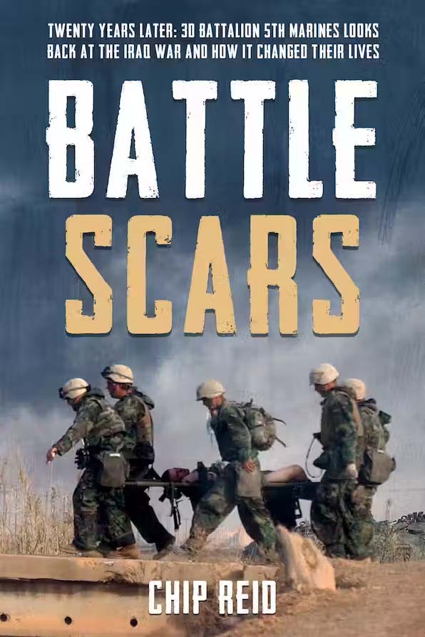 Book cover image for Battle Scars with an image of 5 marines carrying an injured marine on a stretcher.