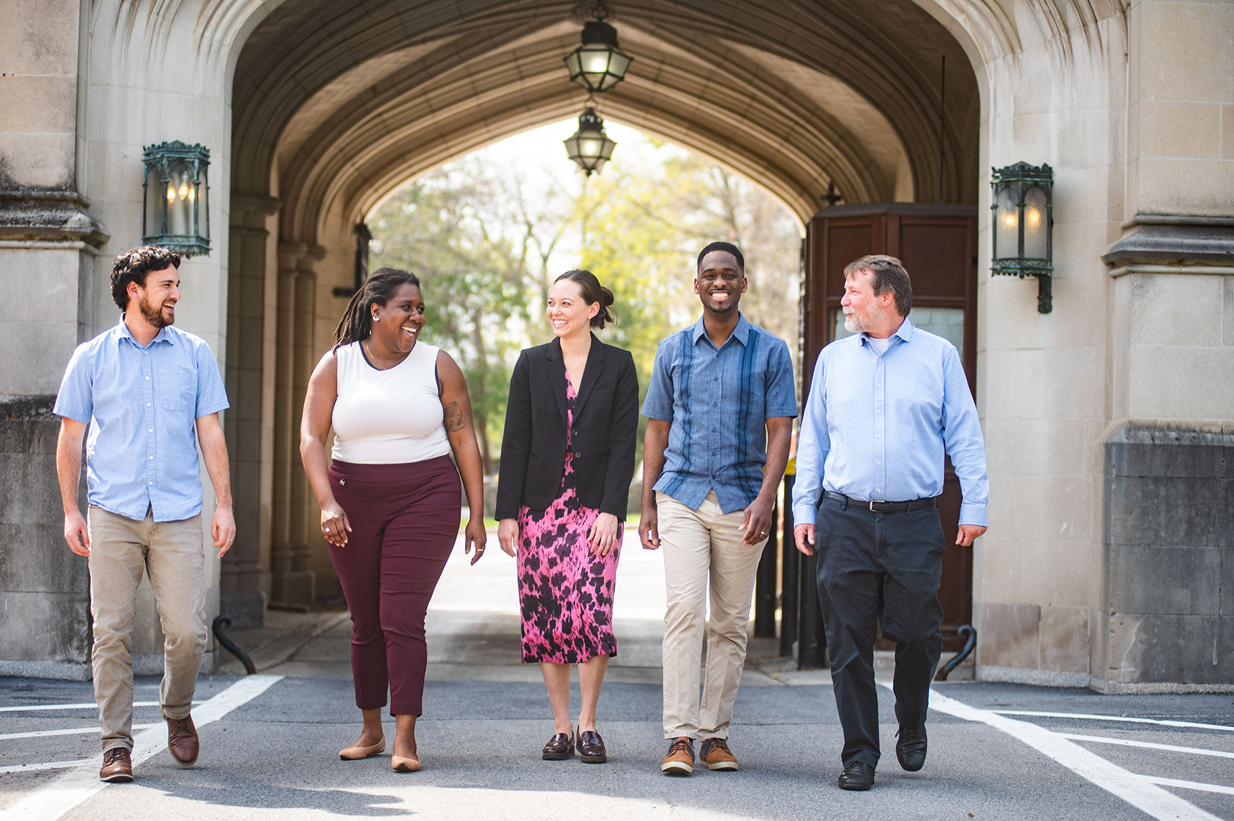 Cluster Hire Initiative faculty members (left to right) Payton Small, Tamyka Jordon-Conlin, Ashanti Shih, and Deon Knights, and Dean of Faculty William Hoynes