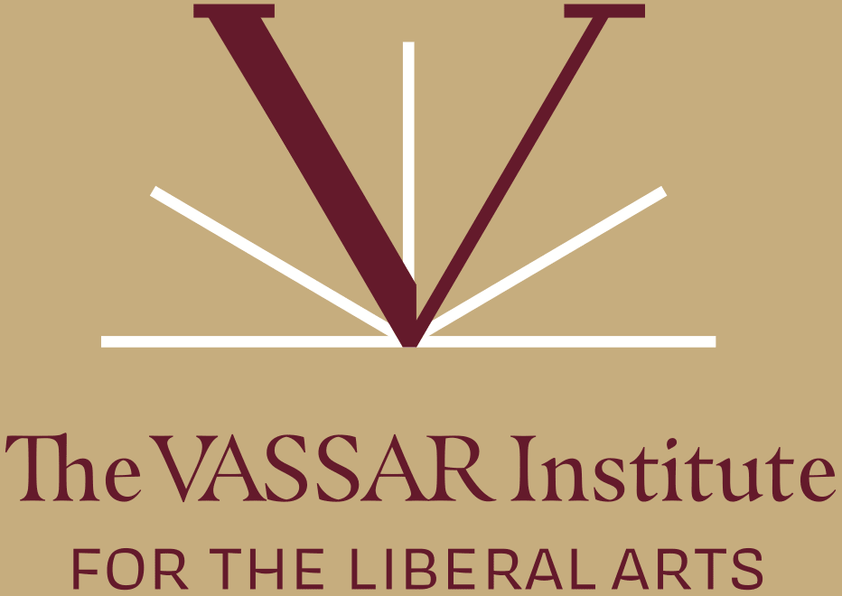 Illustration of the letter V in maroonb with white rays behind it like open book pages and text that reads The Vassar Institute for the liberal arts.