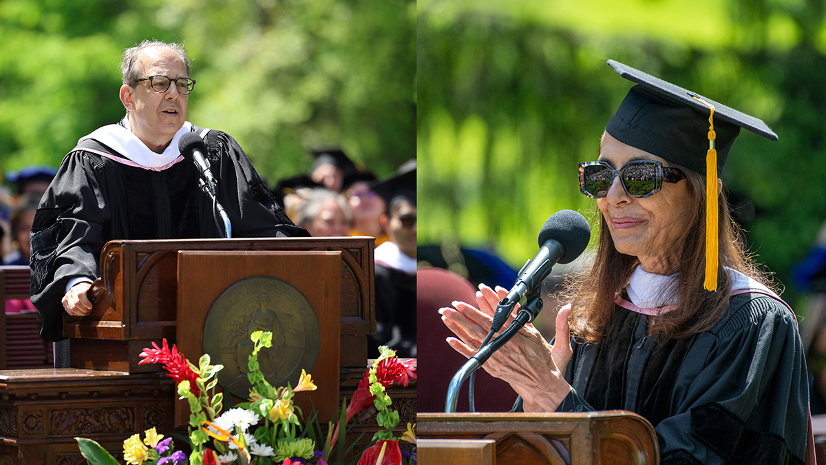 A split image, each half an image of a speaker in academic regalia standing at podium during the outdoor ceremony. 