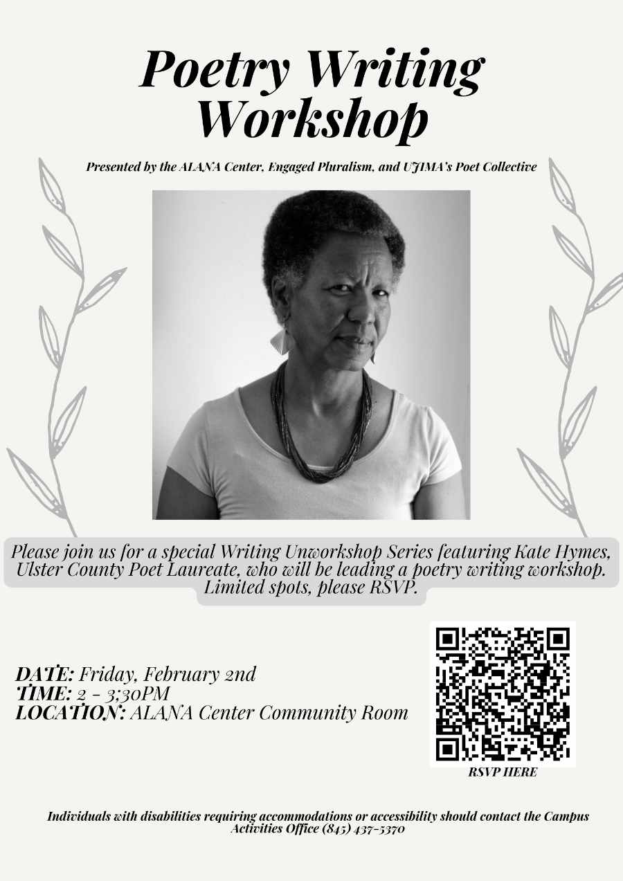 A poster with a photo of a person with short black curly hair and the text "Poetry Writing Workshop".