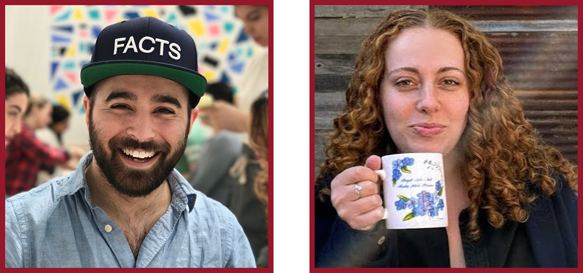 A two person collage. On the left, a person with a beard smiling wearing a hat that reads, "Facts." On the right, a person with long, curly, light-red hair, with a coffe mug helpd up to her mouth.