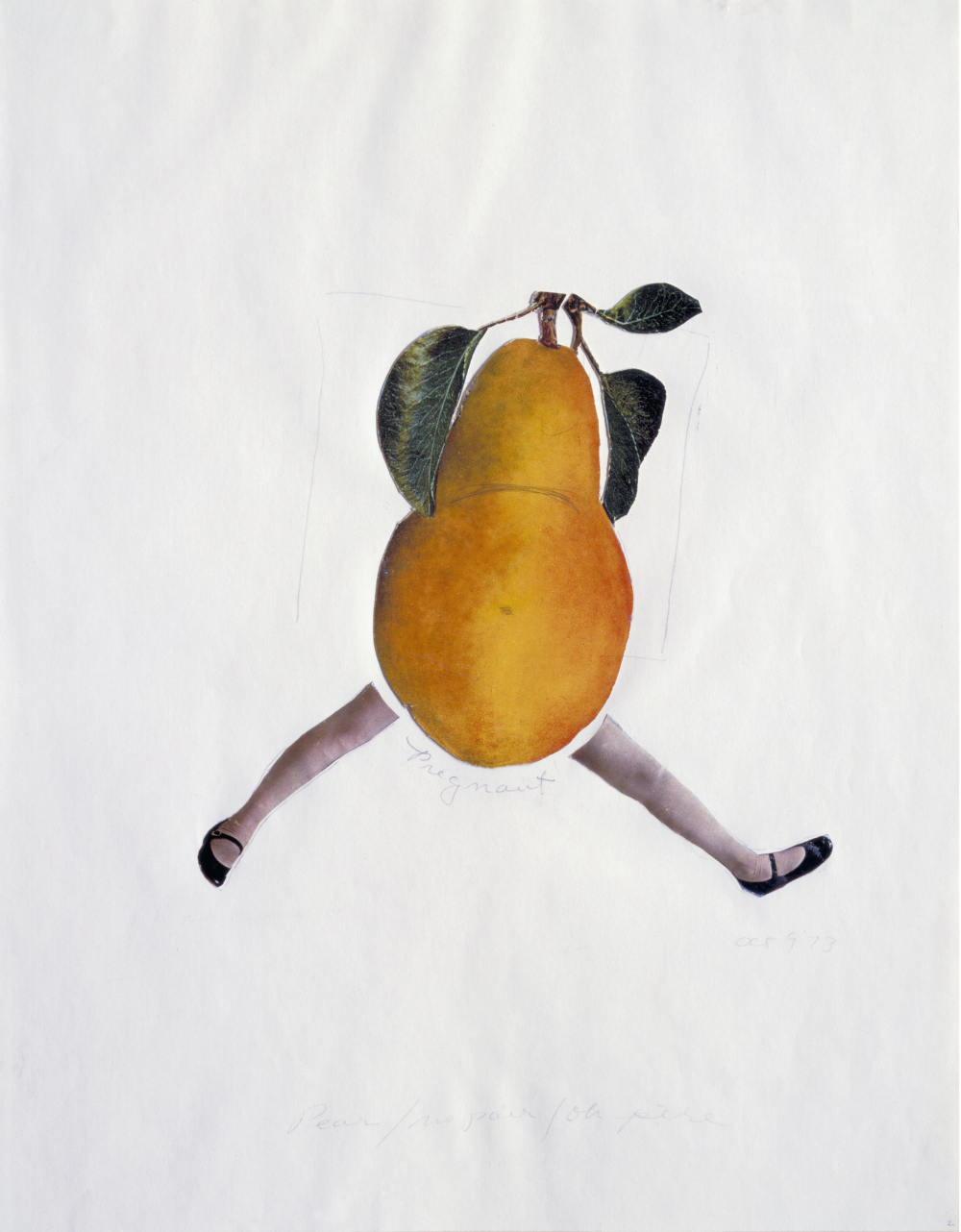 A photo collage showing a yellow pear with two legs, placed on a white paper background.