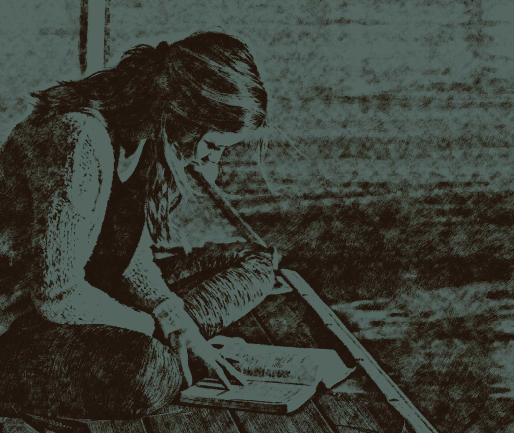 Faint image of a person reading a book.