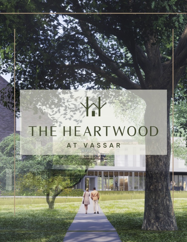 Brochure cover with a architectural rendering of a building among trees with text that reads: The Heartwood at Vassar.