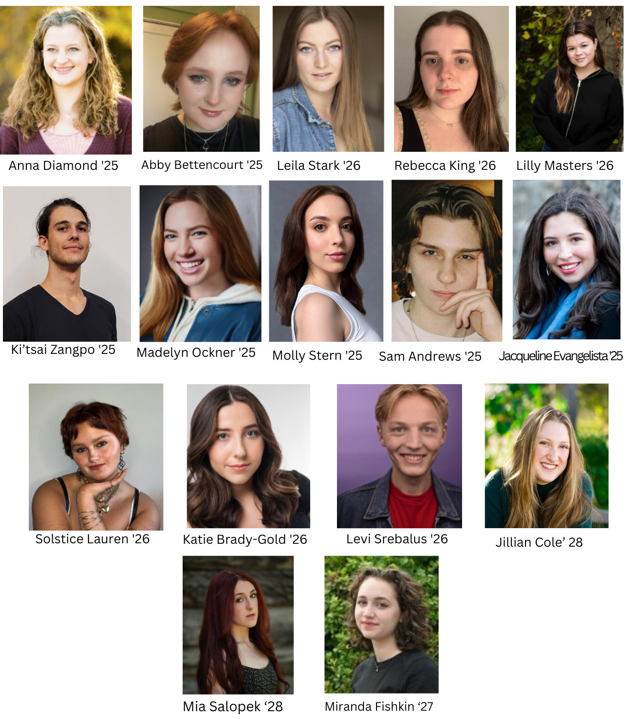 2024-2025 Vassar Drama Majors Committee (DMC) Members. A collage of 14 headshots of people smiling. Their names are listed on the page.