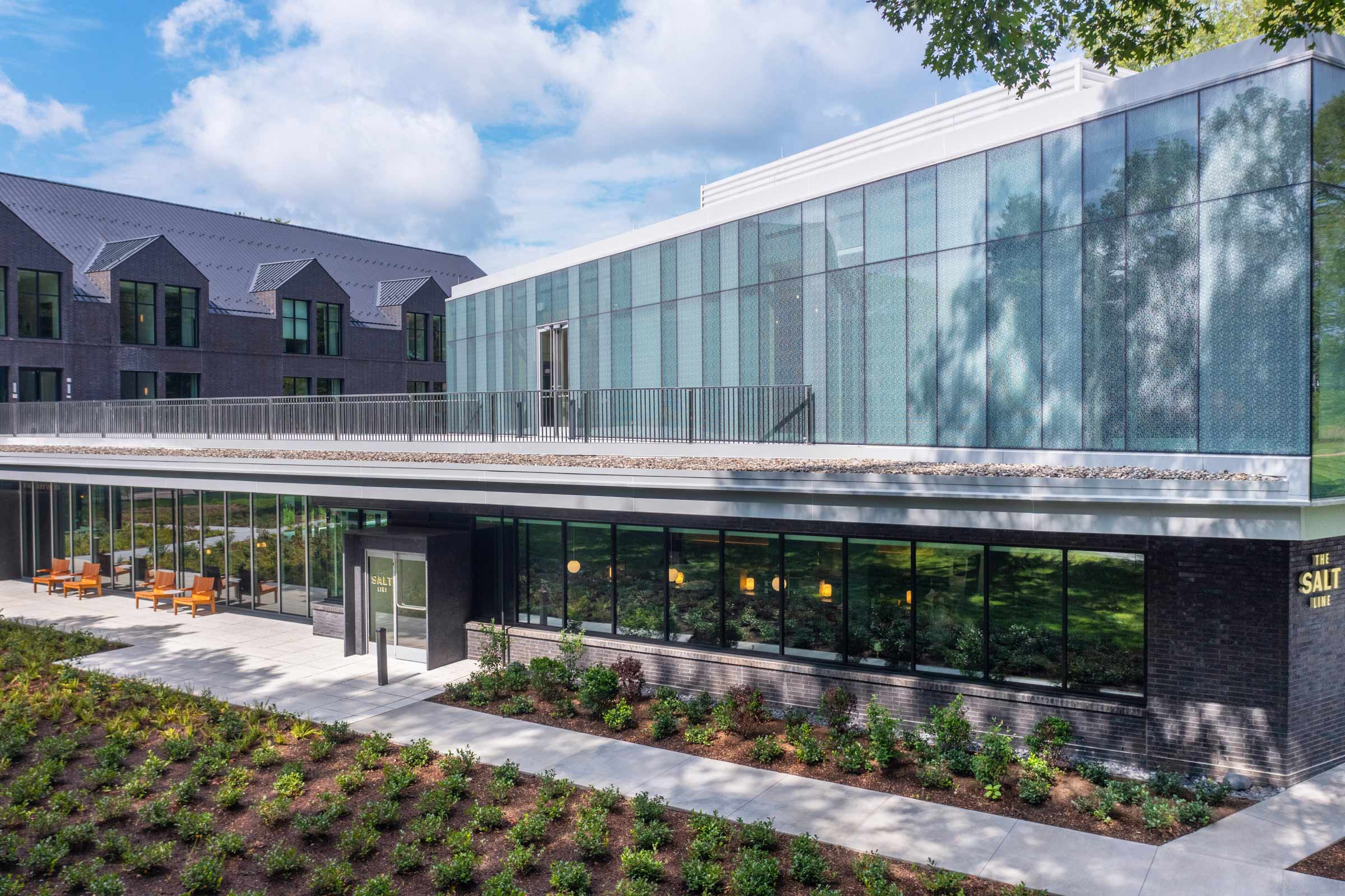 A bird's eye photo of the exterior of a modern building.