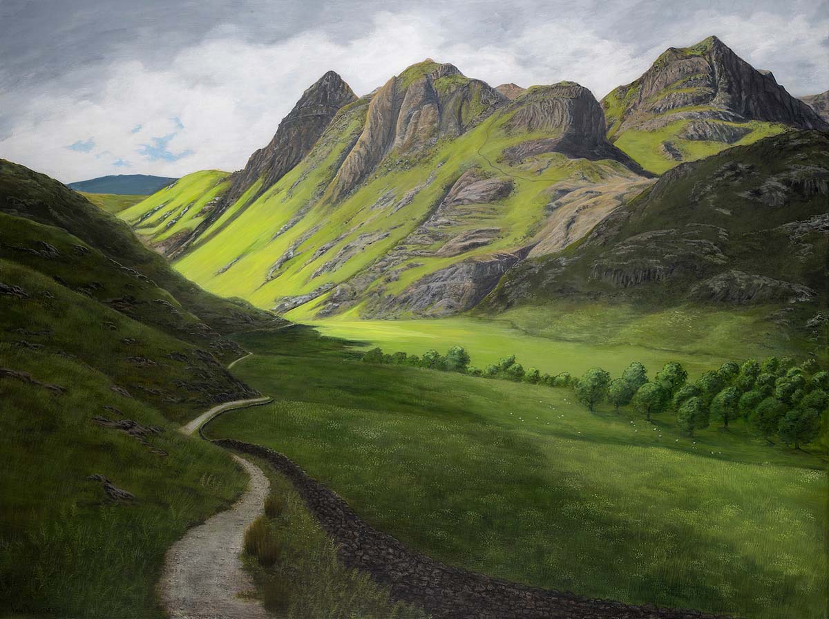 Painting of Langdale Valley, United Kingdom - a grass and tree covered valley and mountains with a small stone walled path on the left.  