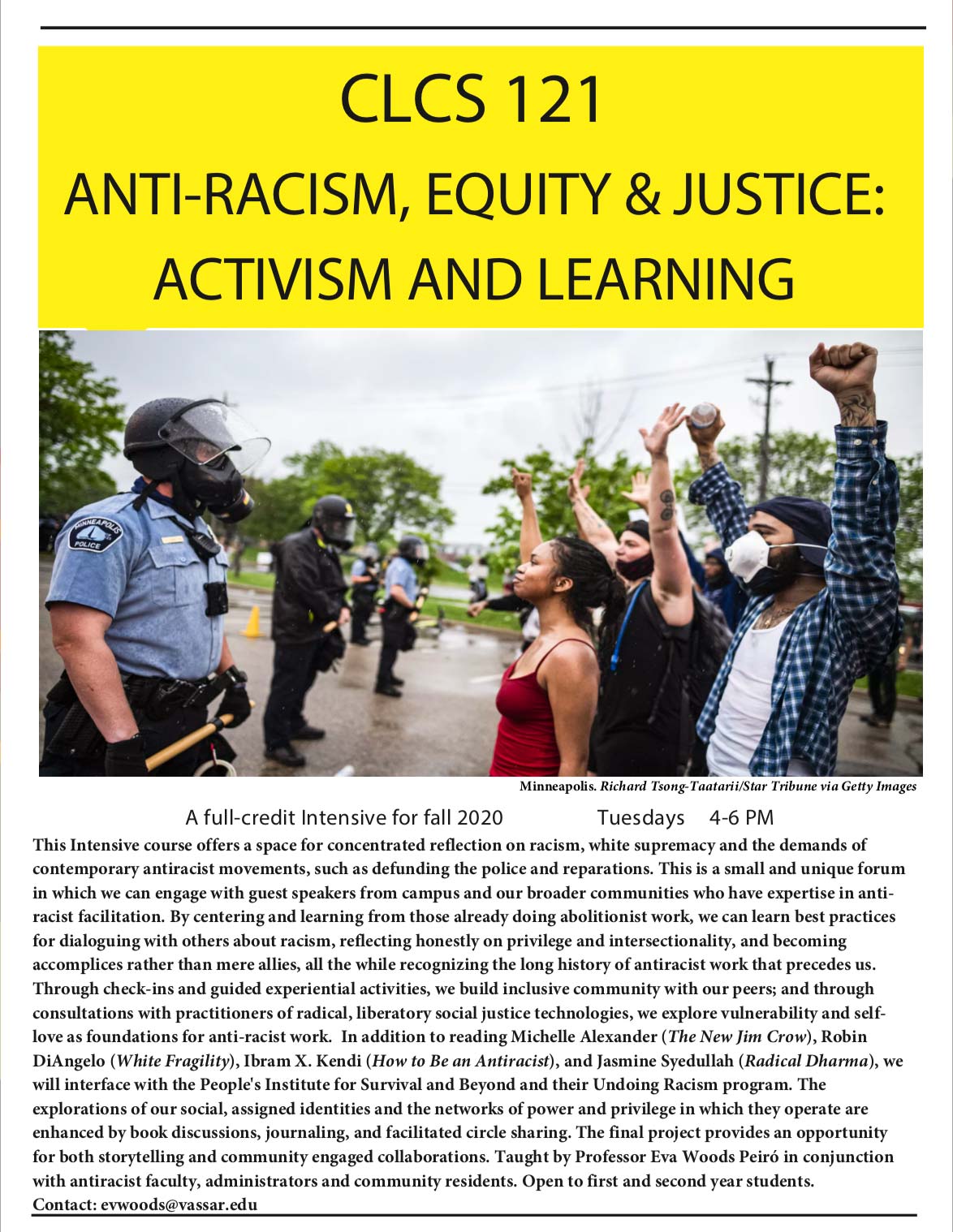 A poster with the text "CLCS 121 Anti-racism, Equity & Justice: Activism & Learning".