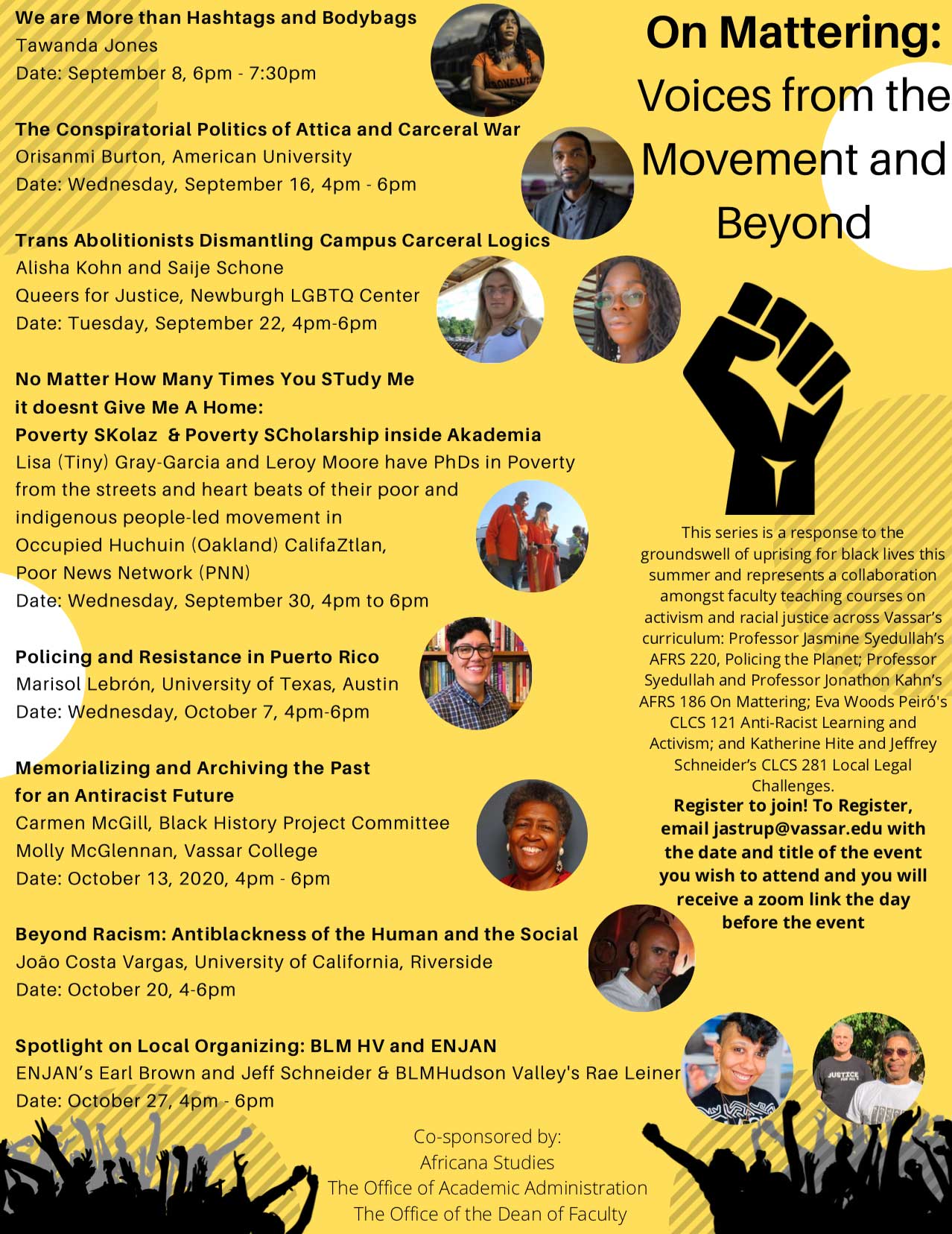 A poster for an event titled "On Mattering: Voices from the Movement and Beyond." There is a lot of additional text on the poster. There is a black fist clip art in the top right corner. Headshot images of each speaker are scattered throughout the poster in circle borders.