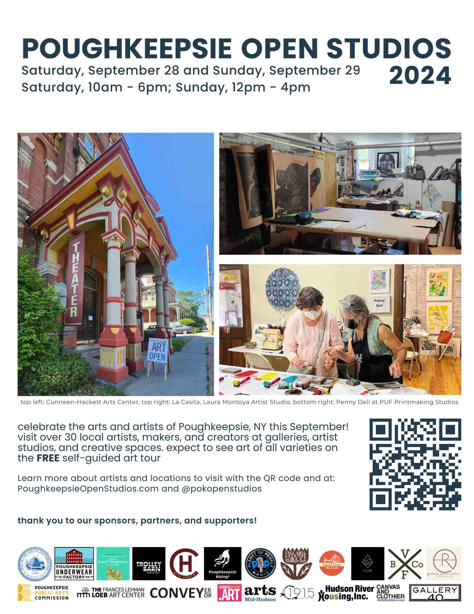 A poster with the text "Poughkeepsie Open Studios 2024" on it, with photographs and additional information.