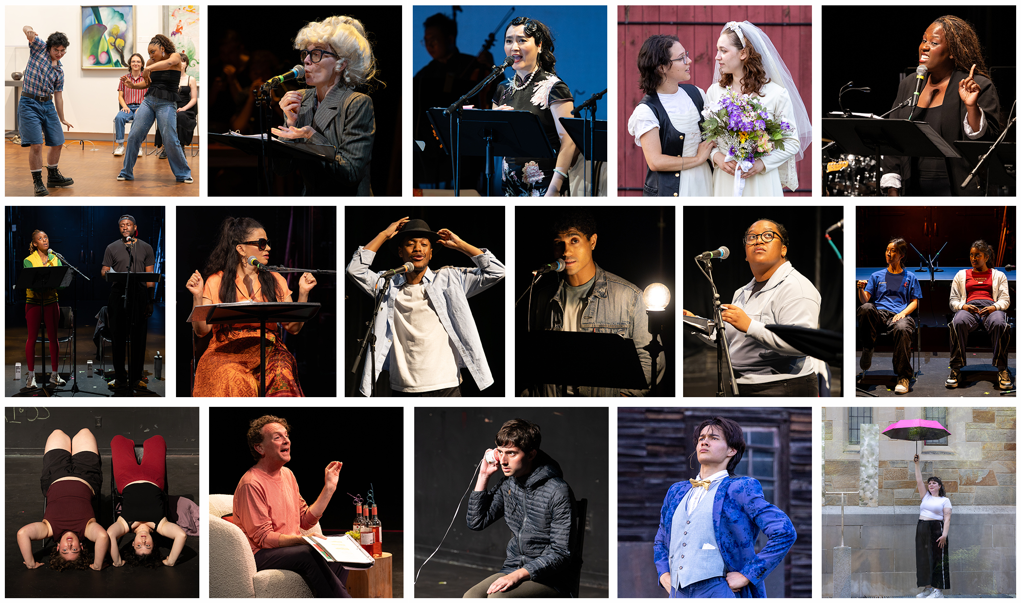 A collage of fourteen photos, depicting people performing in various environments as part of theatrical productions.