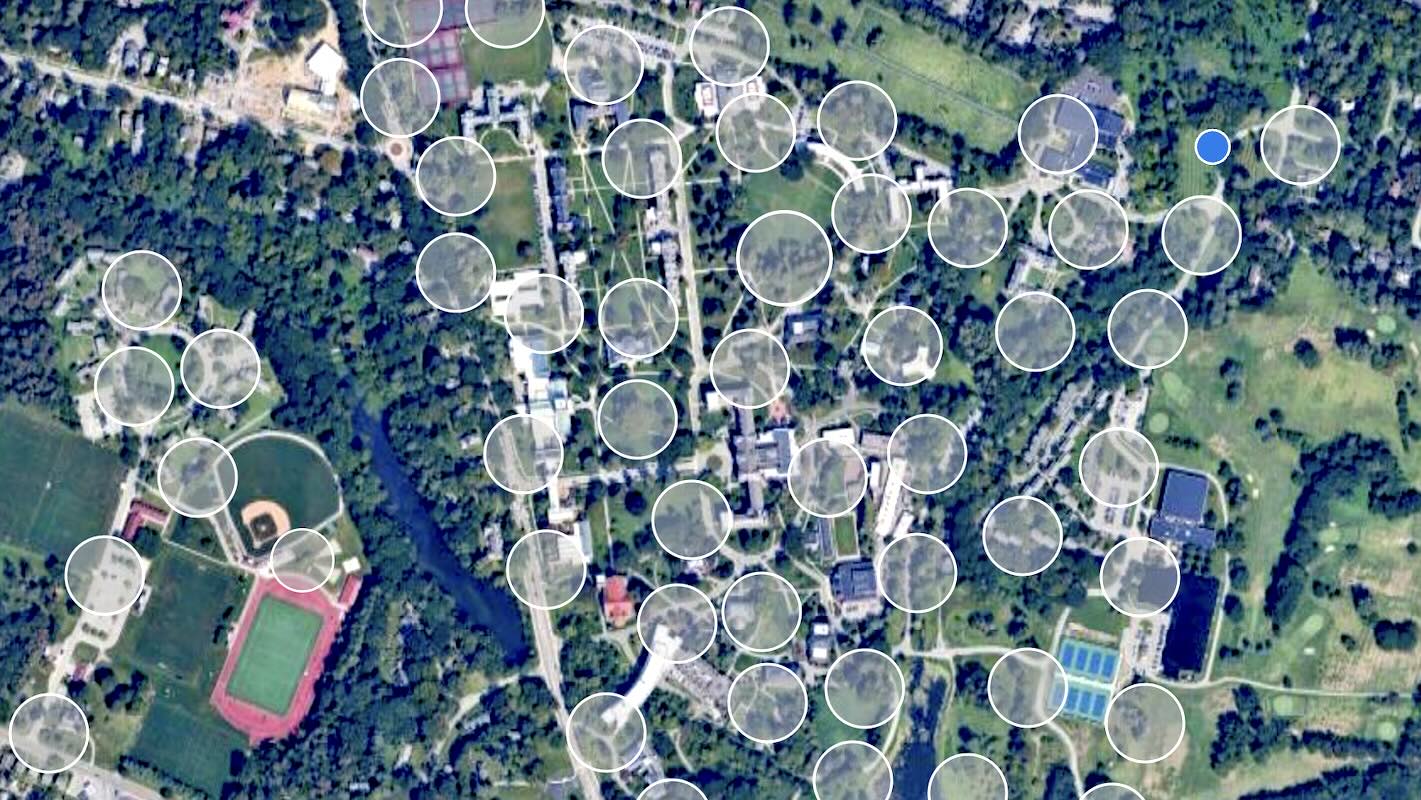 Satellite view of an Arborscope map of Vassar campus showing locations of trees.