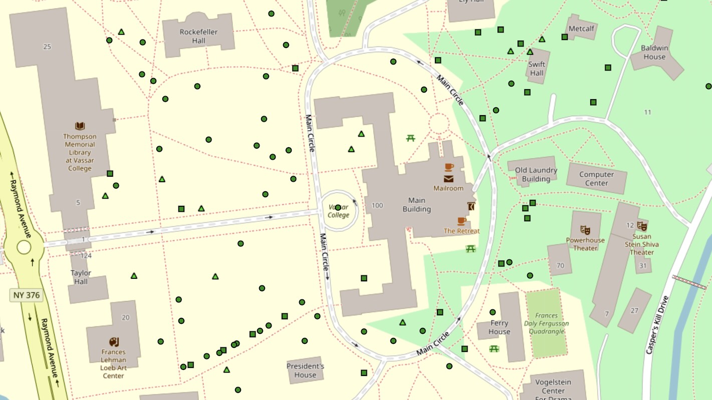 Satellite view of an Arcgis map of Vassar campus showing locations of trees.