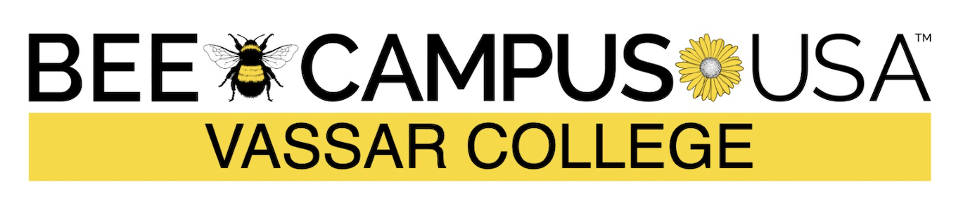 Black and yellow logo with a bee, a flower, and text that reads: bee campus USA, Vassar College.