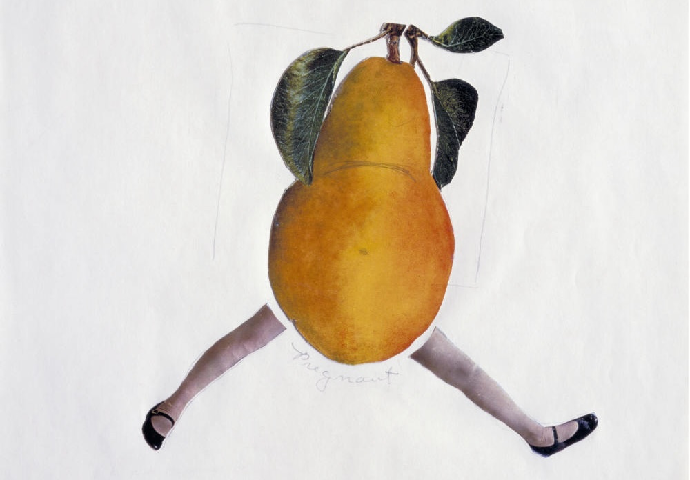 A photo collage showing a yellow pear with two legs, placed on a white paper background.