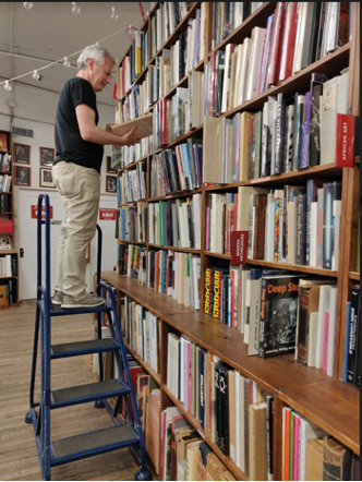 Person standing on a ladder looking at books in a library.