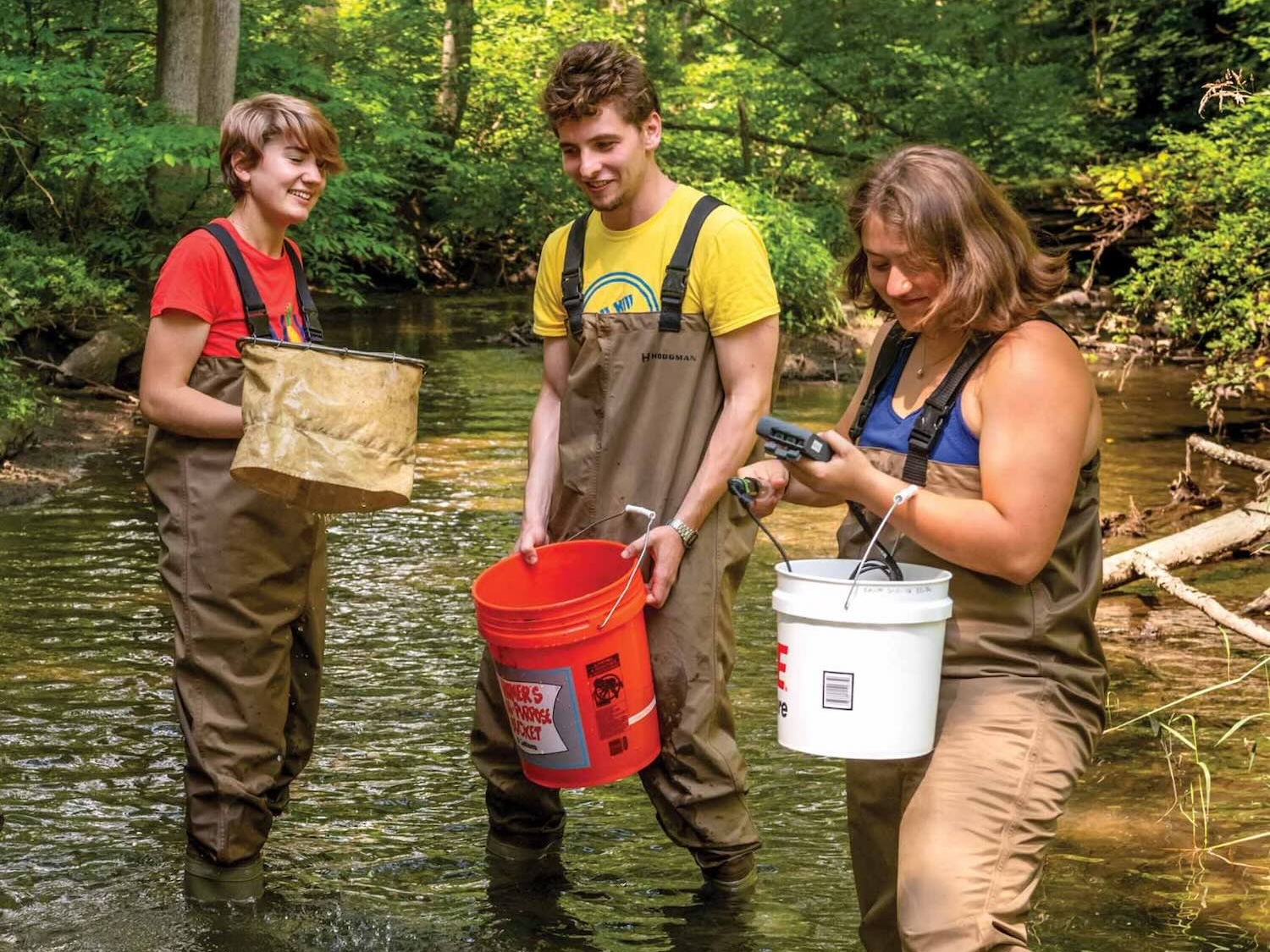 People standing in a stream with waders doing research.