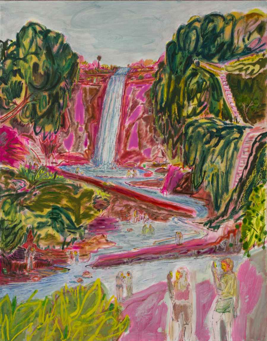 An oil painting titled Kaaterskill Falls. The painting shows a pink and green landscape with a waterfall.