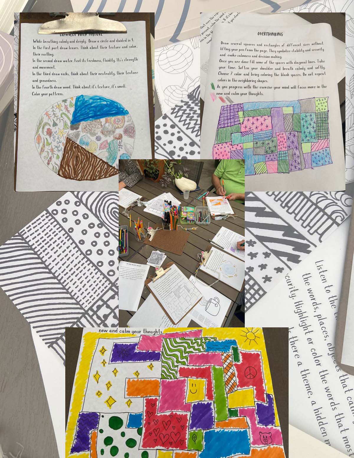 Collage of clipboards with pieces of paper with various "doodles" of lines, circles, colored squares and circles with patterns, and a table with various colored pens, pencils and markers. 