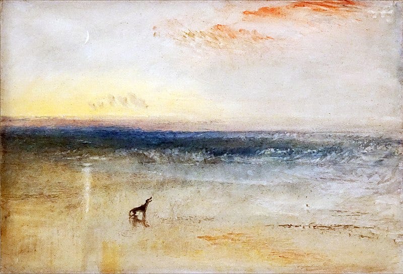 A painting of a scene of a beach, sea and sky with only one object being visible is a baying hound.