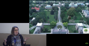 A collage of two image. On the left a person speaking at a podium. On the right a picture of a building from abover.