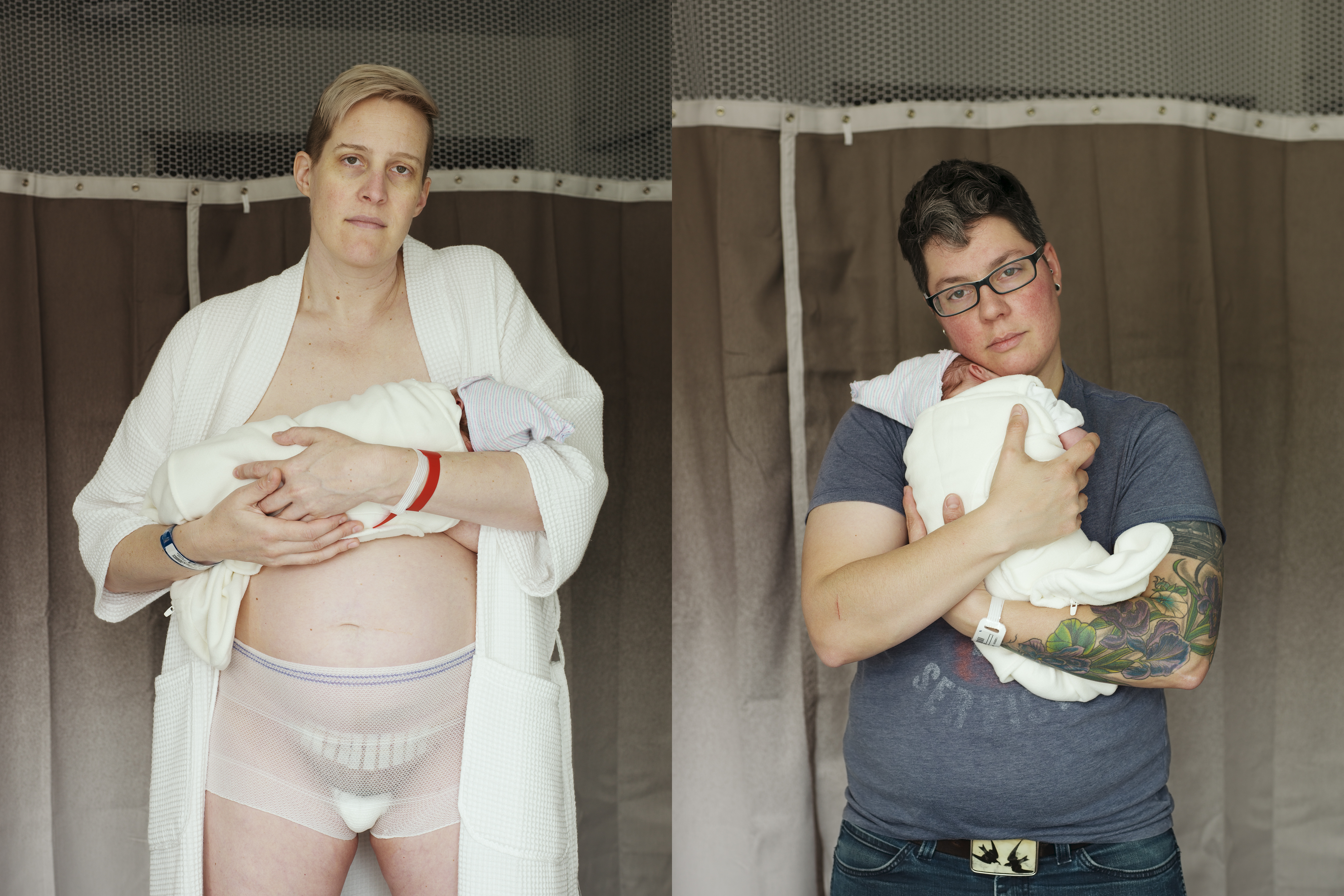 Side by side portraits of two adults each holding the same newborn. The figure on the left is dressed in postpartum hospital garments. 