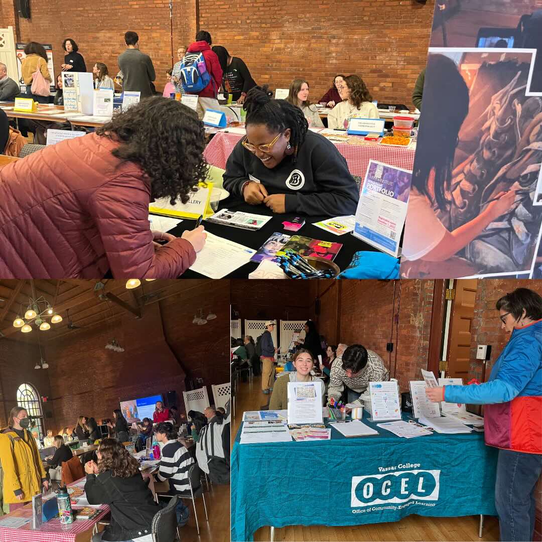 A photo collage of people attending an indoor informational fair.