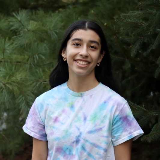 A portrait of Ella Gove, a person with long black hair and a white tie-dye T-shirt.