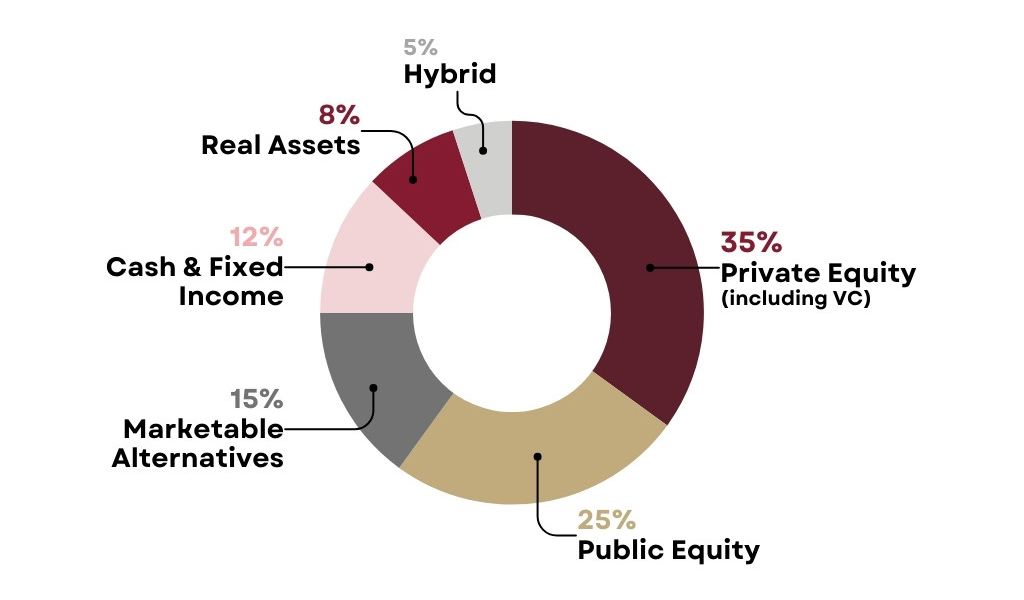 Pie chart of long-term target asset allocation: Private Equity (including VC) 35%, Public Equity 25%, Marketable Alternatives 15%, Cash & Fixed Income 12%, Real Assets 8%, and Hybrid 5%. 