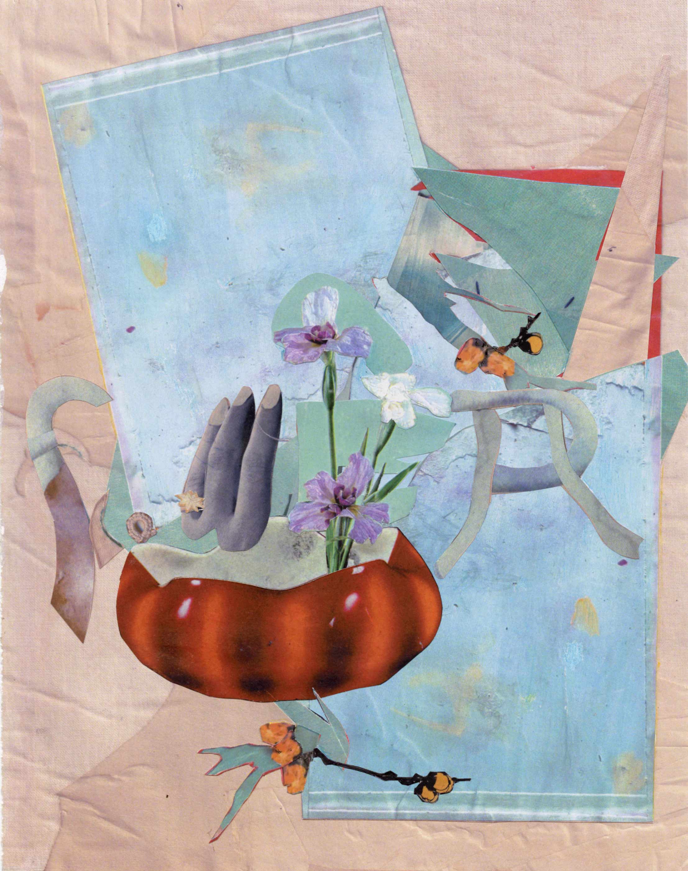 An abstract collage in pastel colors made from clippings featuring flowers and botanic forms, with  three fingers in the middle.