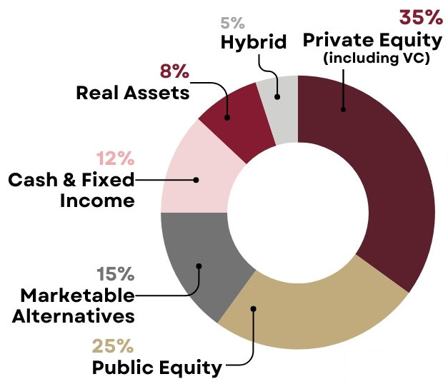 Pie chart of long-term target asset allocation: Private Equity (including VC) 35%, Public Equity 25%, Marketable Alternatives 15%, Cash & Fixed Income 12%, Real Assets 8%, and Hybrid 5%.