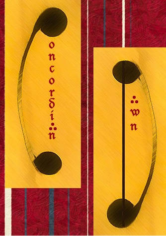 A yellow and red design showing two curved holes, like those on a string instrument, with the text "Concordian Dawn".