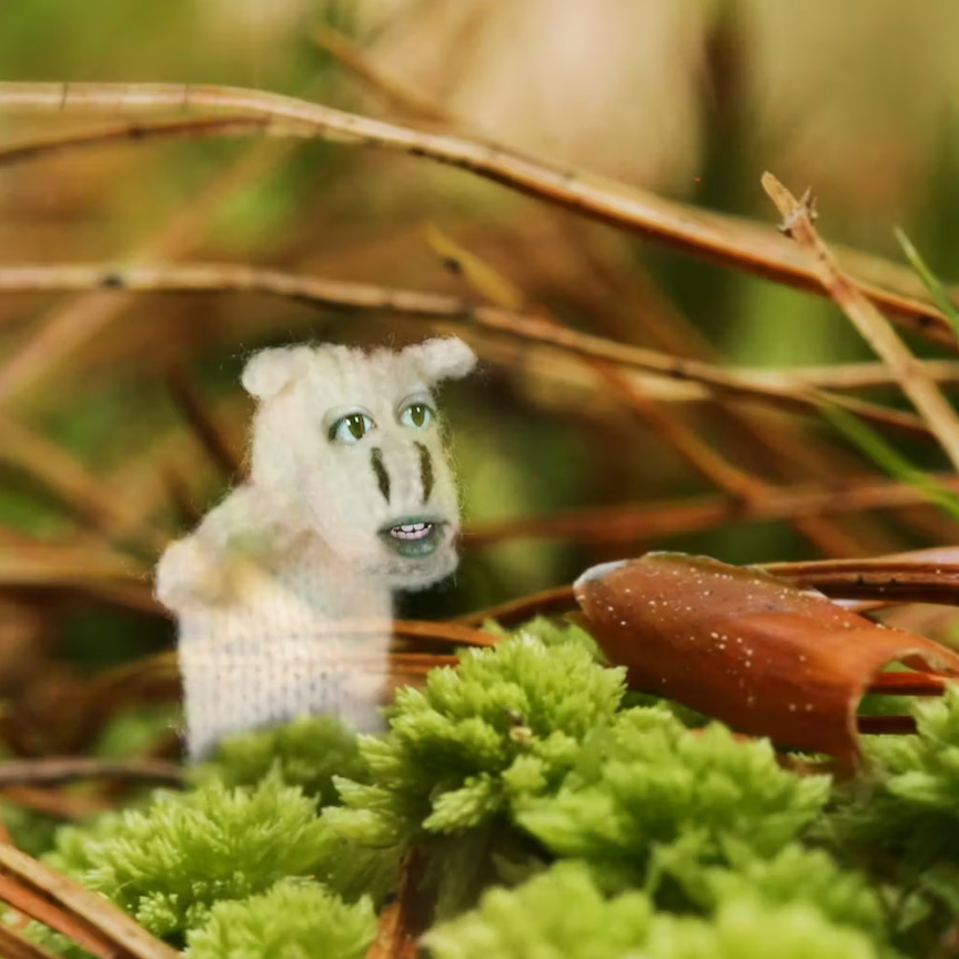 An image of a "ghost" puppet with human and animal facial features on a forest floor.