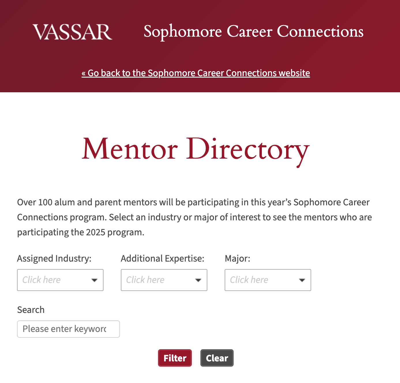 Screen shot of an online form with search and filter buttons that reads: Vassar Sophomore Career Connection Mentor Directory.