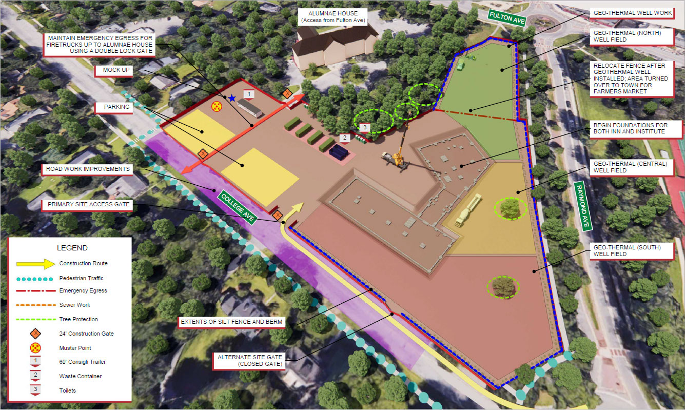 Aerial view of a construction site logistics plan with and legend and graphic information overlays and street signs. See following section for details of site plan.