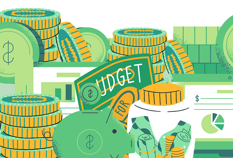 A graphic depicting money in different forms with a paper bill that reads, "Budget." 