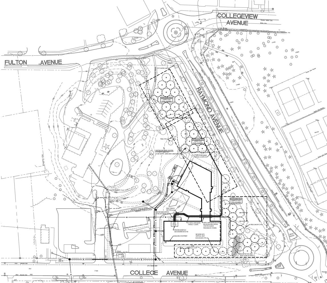 Architectural drawing of a view from above of the location of geothermal wells on a property.