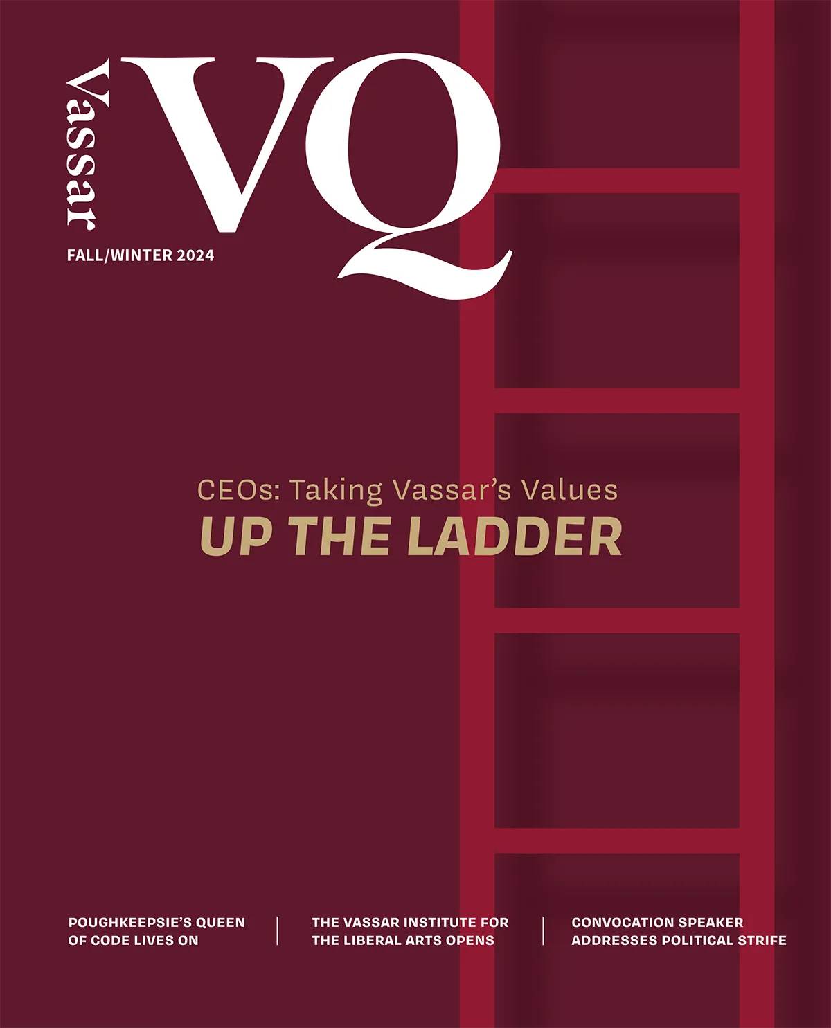 Gridded magazine cover illustration with text that reads: Vassar VQ; CEOs: taking Vassar's values up the ladder. Poughkeepsie's queen of code lives on. The vassar institute for the liberal arts opens. Convocation speaker addresses political strife.