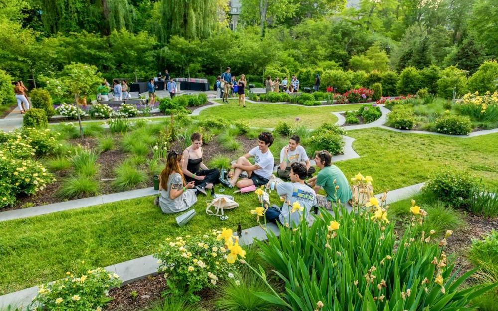 People seated in a circle on green grass surrounded by trees, blossoms, shrubbery, and blue skies.